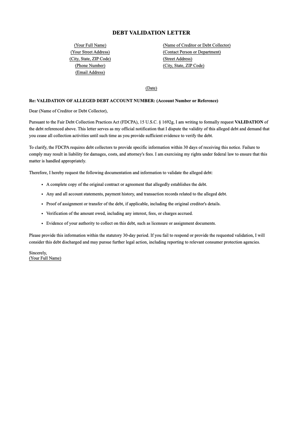 Legal debt validation request letter under FDCPA Section 809_variant_1